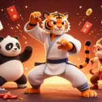 Alo789 showcases a vibrant cockfighting scene with a kung fu tiger master, a panda disciple, and a mischievous monkey in a lively casino environment.