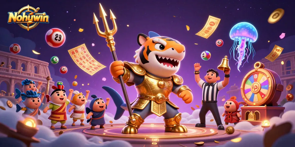 Nohuwin showcases an exciting underwater gambling scene featuring a powerful tiger shark and vibrant casino elements.