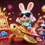 Experience 999jili’s thrilling jackpot with a lively scene of a luck-filled rabbit and turtle amidst vibrant casino elements.