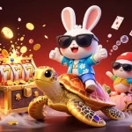 Join the fun at fly88com with a lucky rabbit and turtle in a vibrant casino scene!