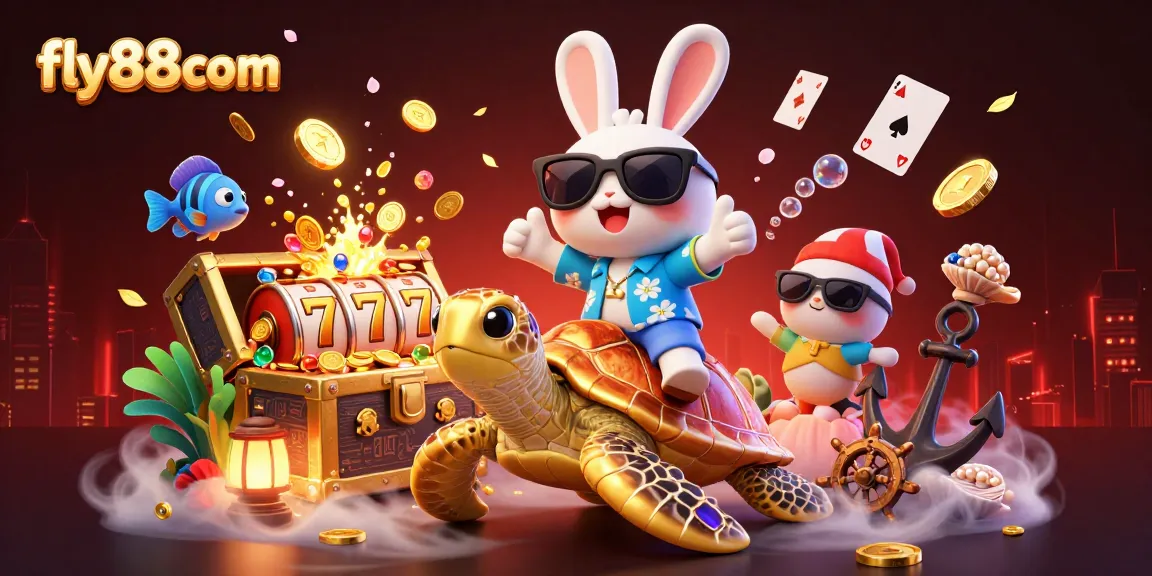 Join the fun at fly88com with a lucky rabbit and turtle in a vibrant casino scene!
