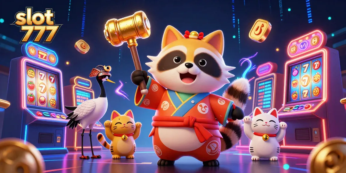Join the excitement at slot 777 with a cheerful tanuki, lucky symbols, and festive vibes!