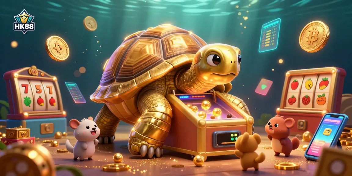 Engage with HK88 in an exciting gaming scene featuring a colossal golden tortoise and vibrant casino elements.