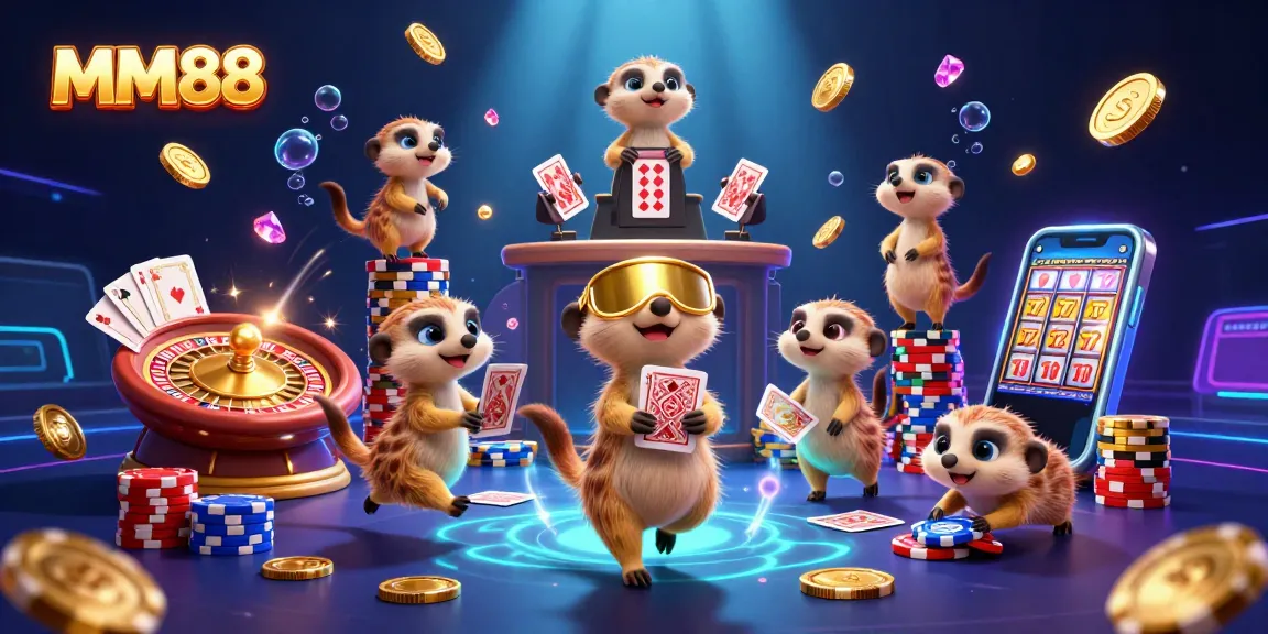 Engage with MM88's vibrant casino scene led by meerkats amidst cascading coins and sparkling gems.