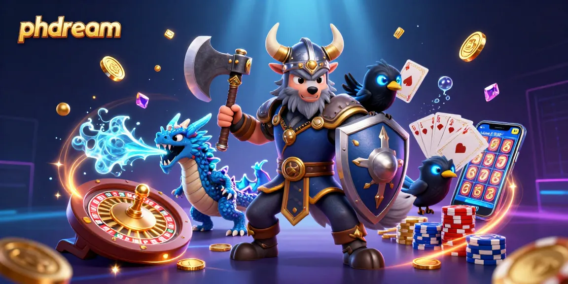 Experience thrilling gameplay at phdream with a Viking warrior and a fierce dragon amidst sparkling gems and coins.