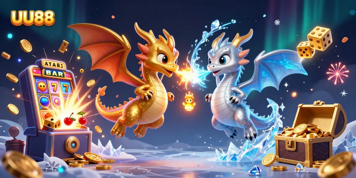 Experience thrilling gaming at UU88 with golden and silver dragons and vibrant casino elements.