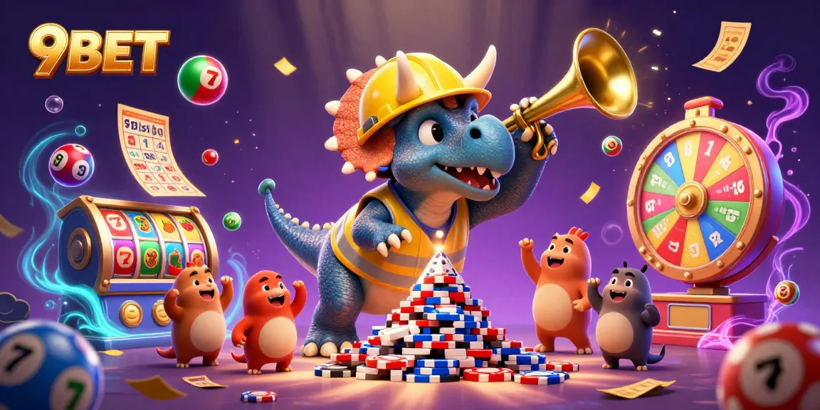 Experience the excitement of 9BET with a playful casino scene featuring vibrant slot reels and cheerful dinosaurs.