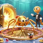 Explore thrilling bets at seazmo while a spider weaves a roulette wheel web.