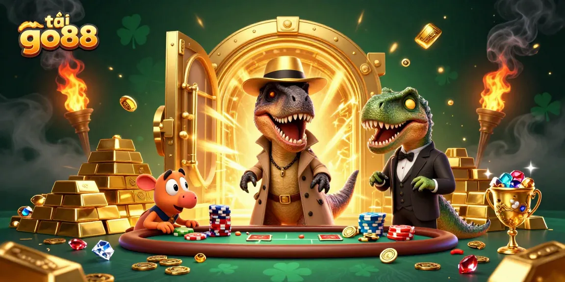 Play and enjoy tải go88 with a vibrant 3D casino scene featuring a clever velociraptor and a suspicious stegosaurus.