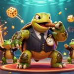 Tài xỉu go88 illustration showcasing a snapping turtle in a mobster suit surrounded by vibrant casino elements.
