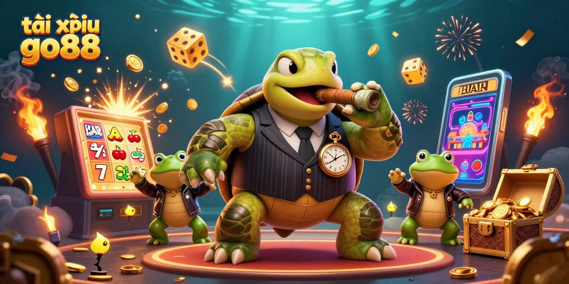 Tài xỉu go88 illustration showcasing a snapping turtle in a mobster suit surrounded by vibrant casino elements.