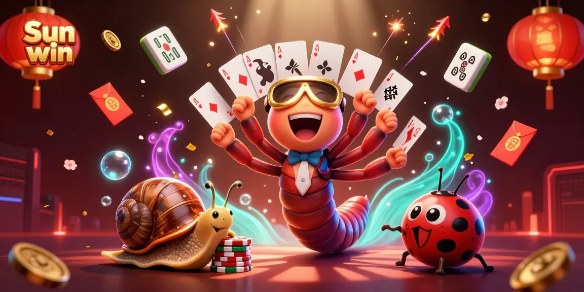Experience Sun win with an exciting 3D cartoon casino scene featuring a millipede dealer, a high-roller snail, and a cheerful pill bug.