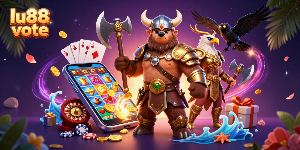 Experience stunning wins with lu88 vote at this vibrant casino scene featuring epic characters and games.