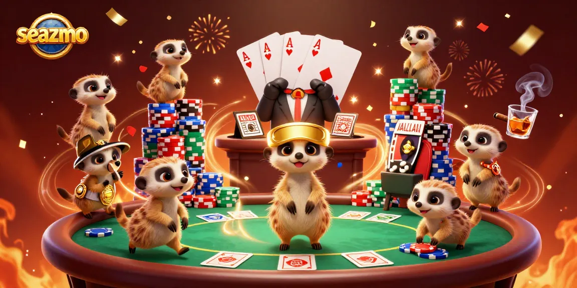 Seazmo meerkats running a vibrant casino with poker tables and colorful chips.