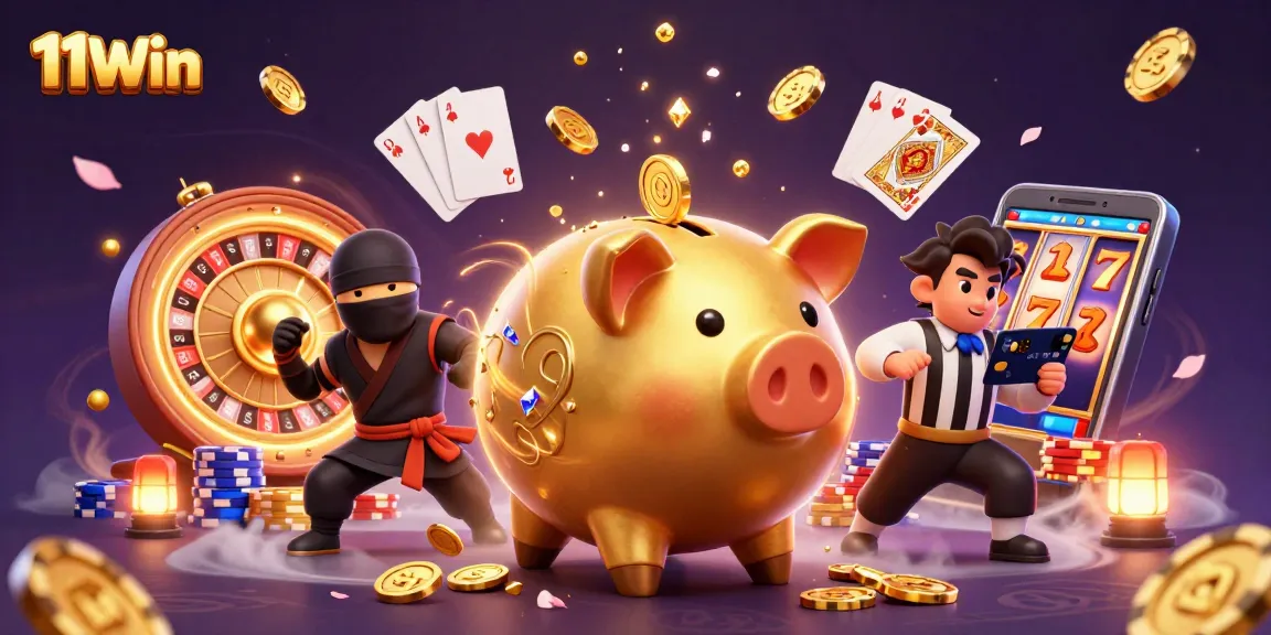 11Win showcases a dynamic scene with a piggy bank sumo wrestler, wallet ninja, and credit card samurai in a vibrant casino