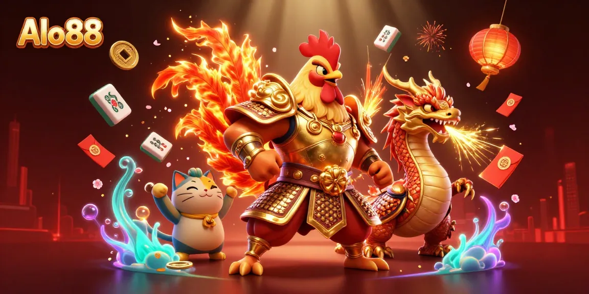 Alo88 engages players with vibrant casino-themed 3D illustration featuring a warrior rooster and dragon in dynamic action.