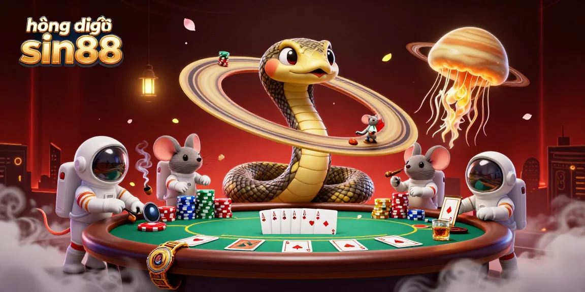 Experience hướng dẫn sin88 with a vibrant 3D illustration showcasing a cosmic casino scene filled with action and excitement.