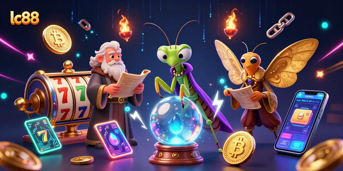 Win big at lc88 with a vibrant scene featuring a fortune teller, slot reels, and crypto coins.