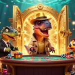 Engage with 789 bet's thrilling blackjack scene featuring a velociraptor card counter amidst sparkling riches.
