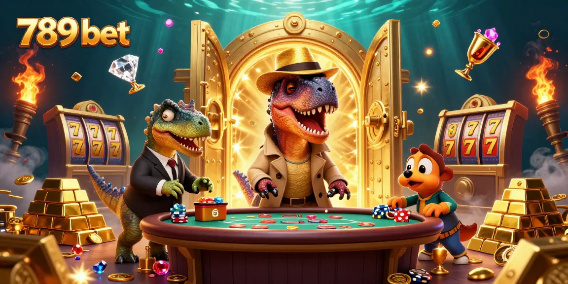 Engage with 789 bet's thrilling blackjack scene featuring a velociraptor card counter amidst sparkling riches.