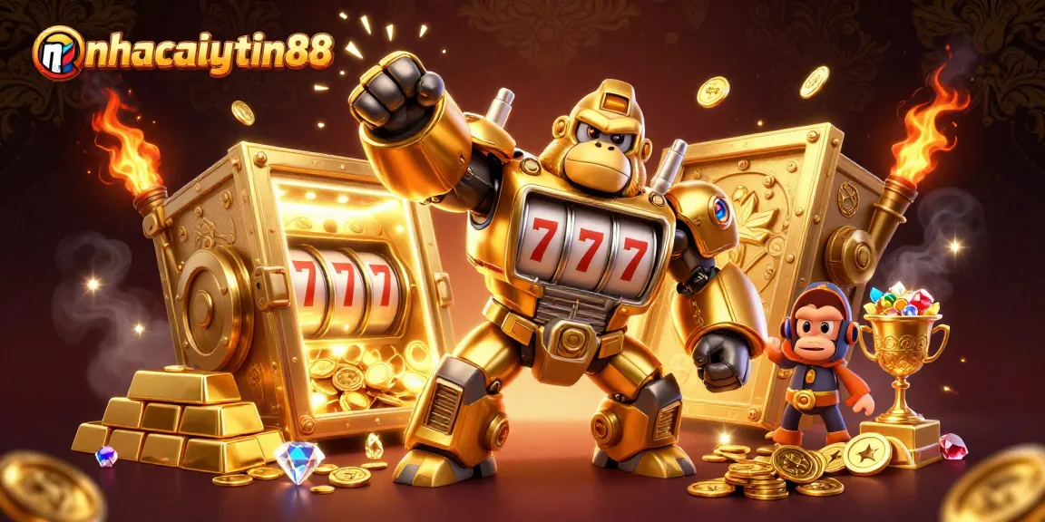 Experience high-energy gaming action with nhacaiuytin88's vibrant 3D casino illustration featuring dynamic characters and wealth.