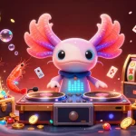 Experience the thrill of OPEN88 casino with vibrant axolotl DJ, glowing shrimp, and dynamic slot elements.