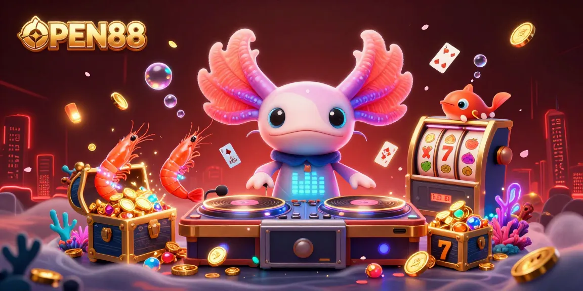 Experience the thrill of OPEN88 casino with vibrant axolotl DJ, glowing shrimp, and dynamic slot elements.