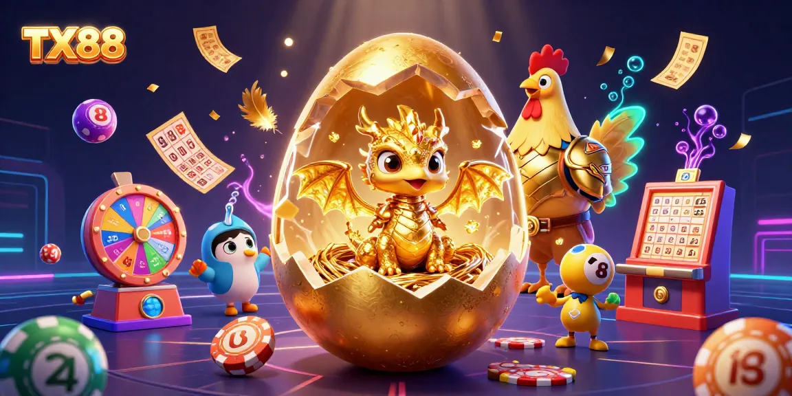 Play the TX88 game with a dazzling 3D illustration of a golden dragon and vibrant lottery elements.