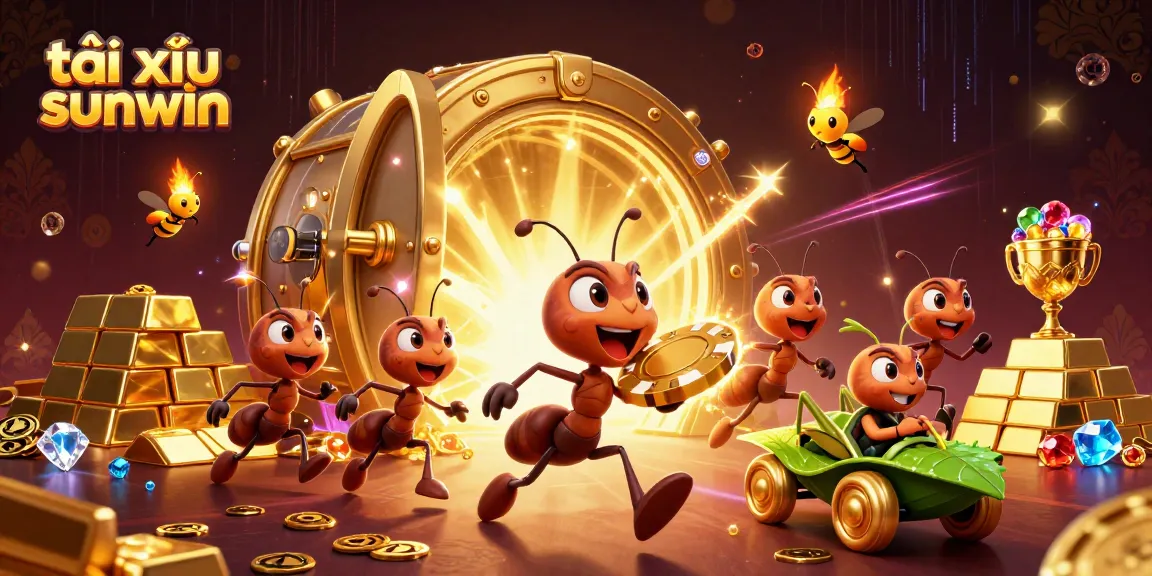 Tài xỉu sunwin game featuring ants on a heist, golden poker chip, and vivid casino treasure.