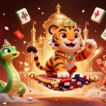 Experience thrilling action at usbet39 with a vibrant 3D casino illustration showcasing a tiger sultan and magic elements.