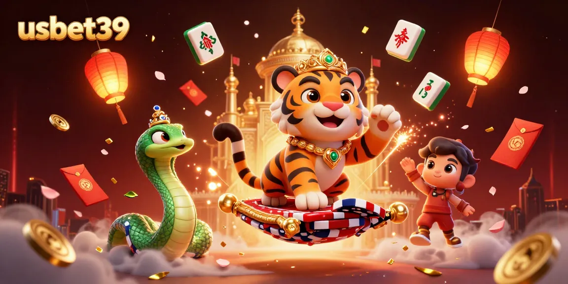 Experience thrilling action at usbet39 with a vibrant 3D casino illustration showcasing a tiger sultan and magic elements.