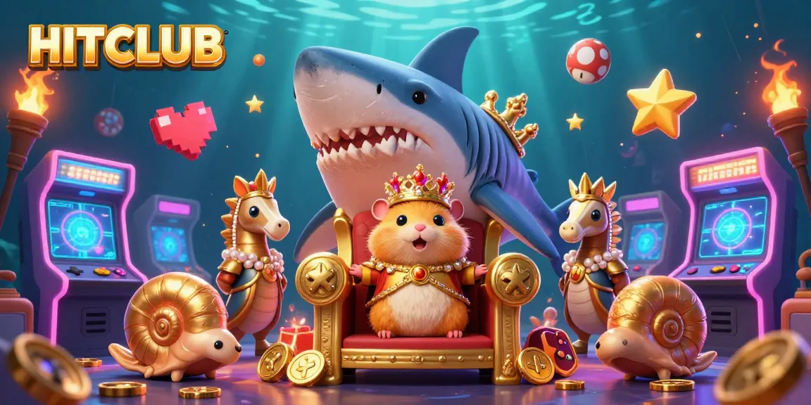 Experience HITCLUB through an enchanting 3D illustrated casino scene featuring a golden hamster king and playful game elements.