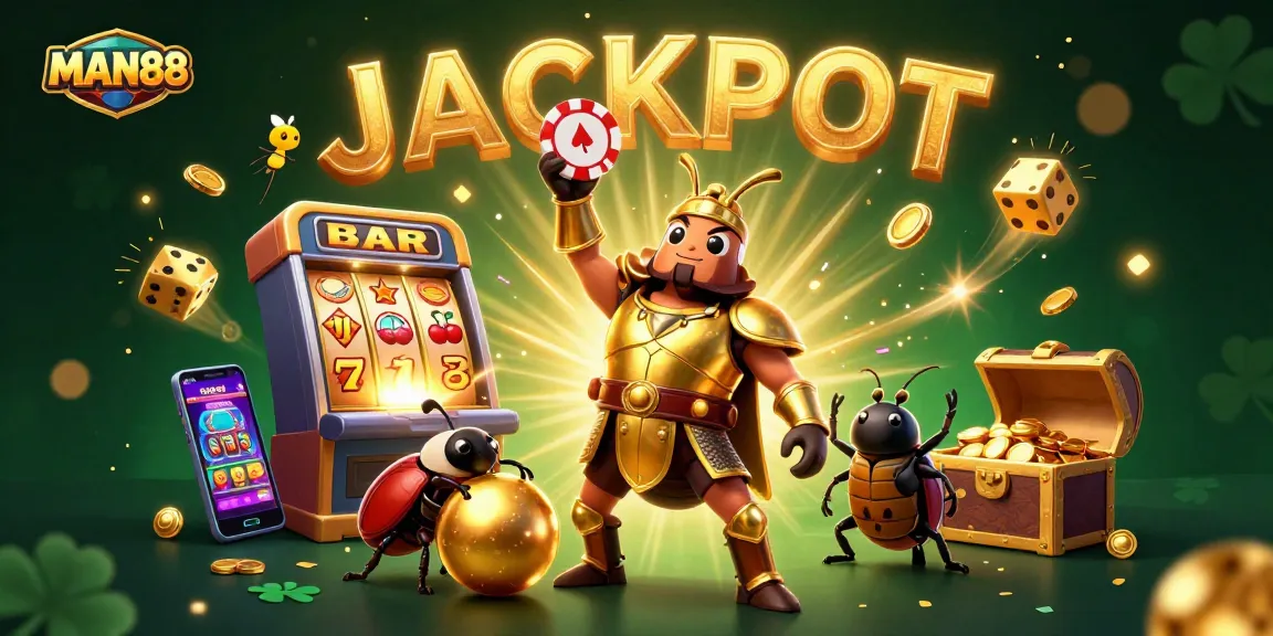 MAN88 attracts players with a victorious hercules beetle in golden armor celebrating a jackpot in a thrilling casino scene.