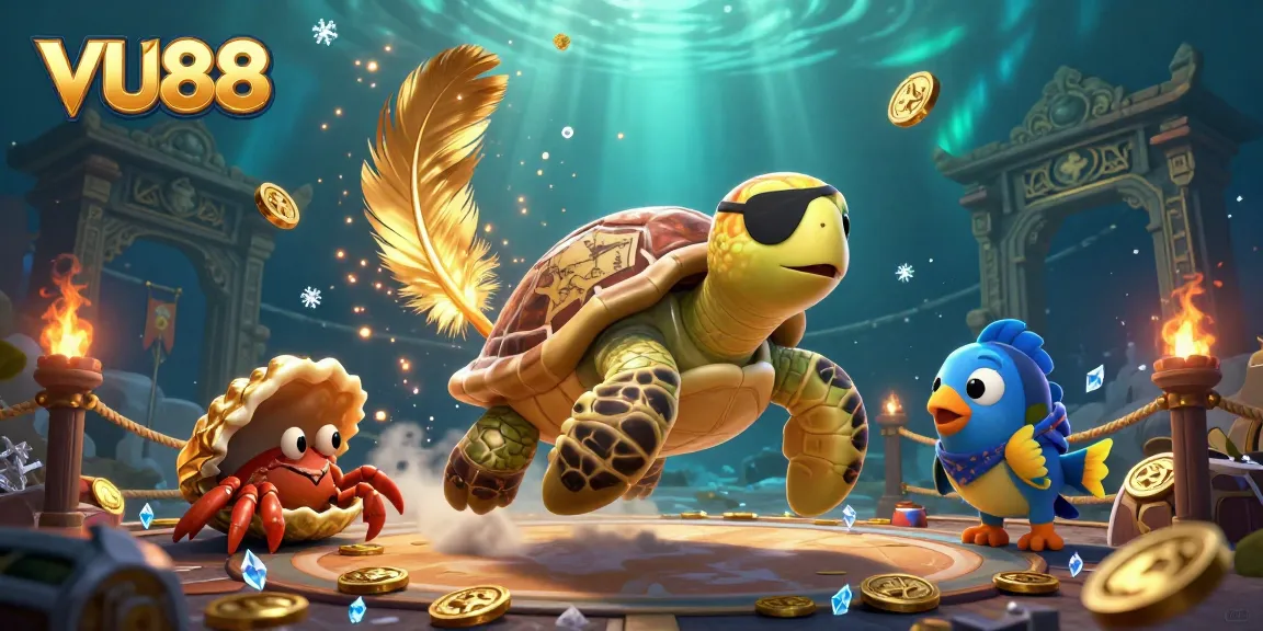 Play slot games and win at VU88 with a vibrant scene of a pirate turtle and treasure.