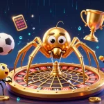 Place bets at Ku88 with a dynamic scene of a golden spider spinning a roulette web amidst sports excitement.