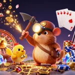 Engage in thrilling games at OK FUN, discovering treasure with a lucky mole and canary in a vibrant casino scene.