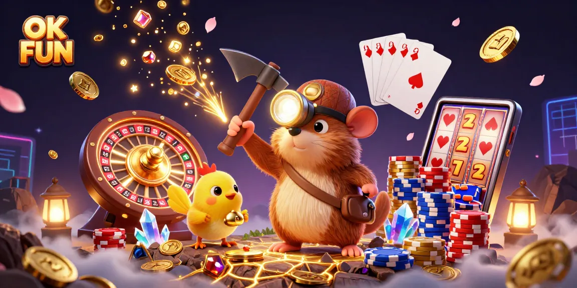 Engage in thrilling games at OK FUN, discovering treasure with a lucky mole and canary in a vibrant casino scene.