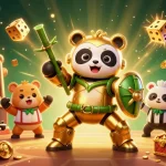 Experience thrilling games at ONE88 with golden panda in mech-robot amidst vibrant casino action.