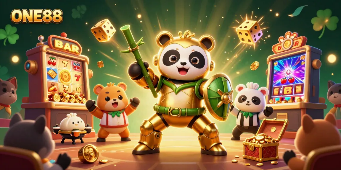 Experience thrilling games at ONE88 with golden panda in mech-robot amidst vibrant casino action.