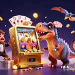 Experience the excitement of the budi4d link casino as a dinosaur headbutts a jackpot slot machine amidst flying coins.