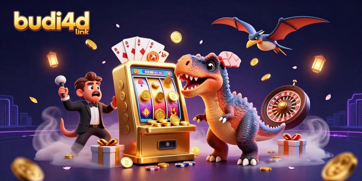 Experience the excitement of the budi4d link casino as a dinosaur headbutts a jackpot slot machine amidst flying coins.