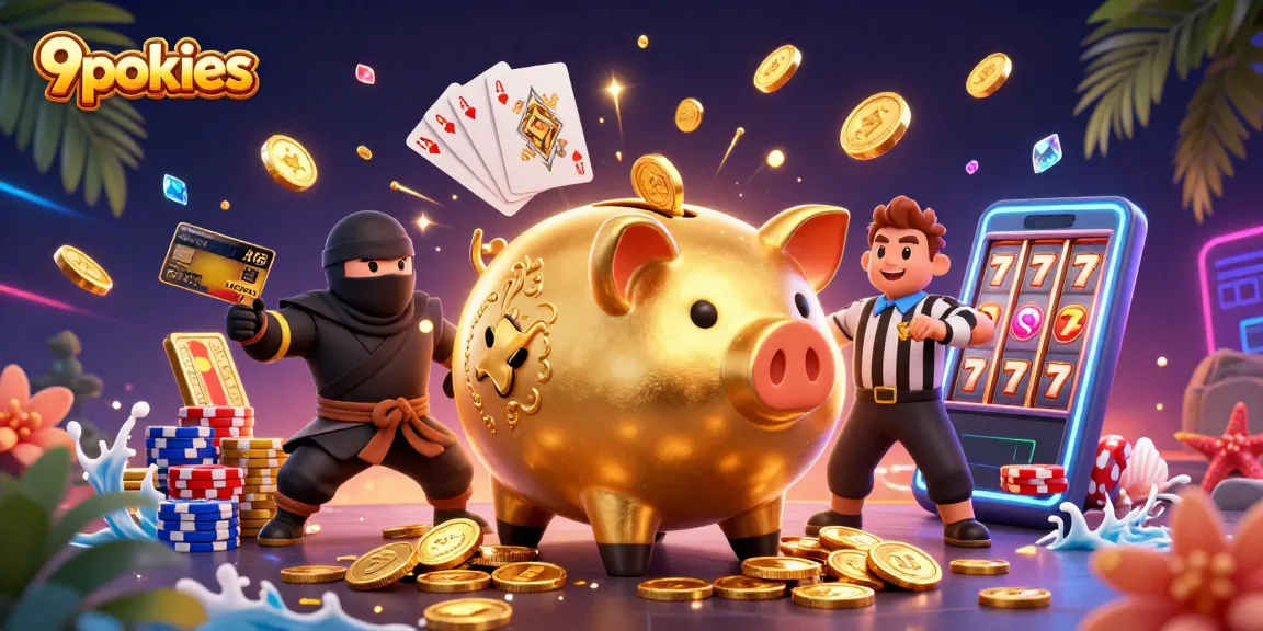 Experience thrilling 9pokies action with a dynamic scene featuring unique characters and vibrant casino elements.