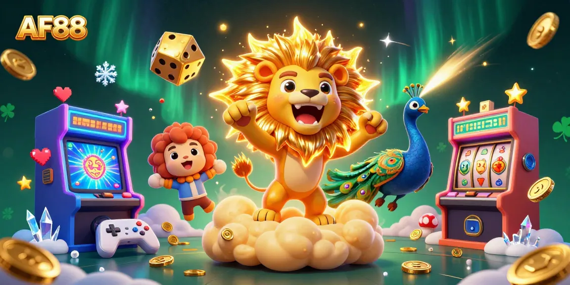 Engage in thrilling gameplay at AF88 with a vibrant 3D casino scene showcasing a lion, dice, and arcade elements.