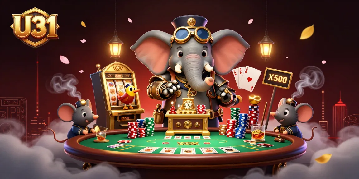 Play exciting games at U31 with a vibrant casino scene showcasing slot machines and poker elements.