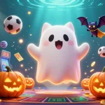 Play engaging casino games at au88 with a ghost cat and bat in a vibrant haunted casino