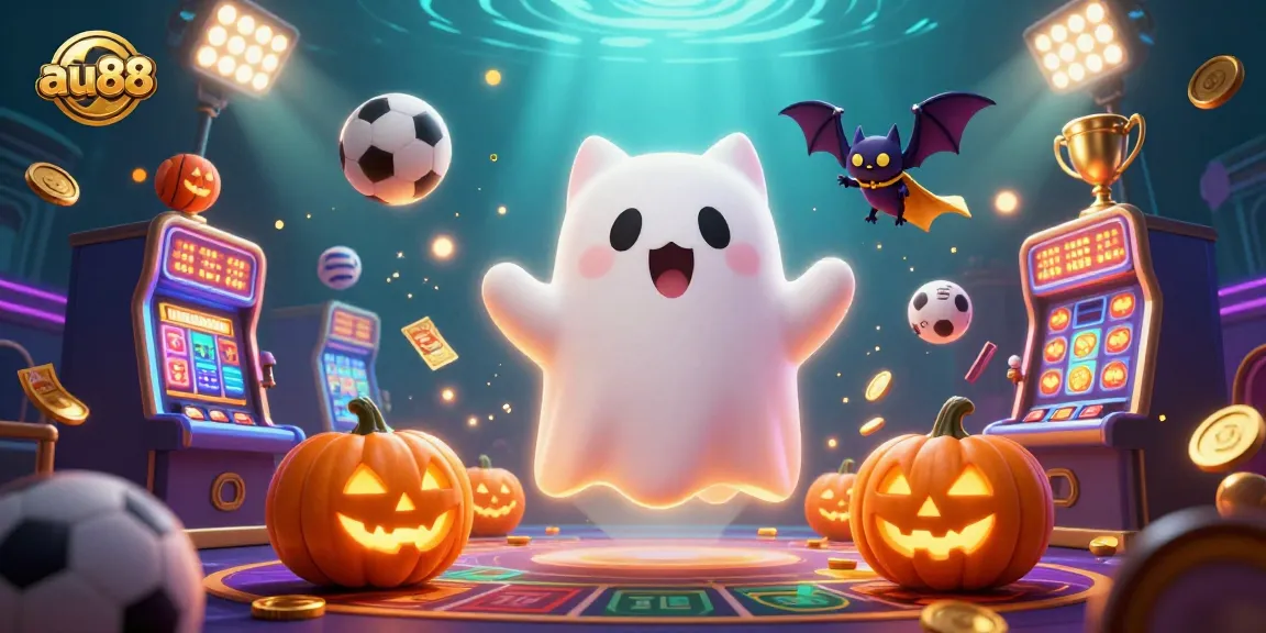 Play engaging casino games at au88 with a ghost cat and bat in a vibrant haunted casino