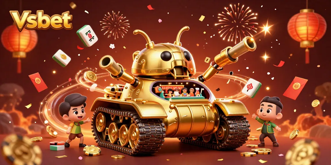 Experience the thrill of vsbet with a vibrant 3D illustration featuring a golden beetle tank casino bursting with confetti and coins.