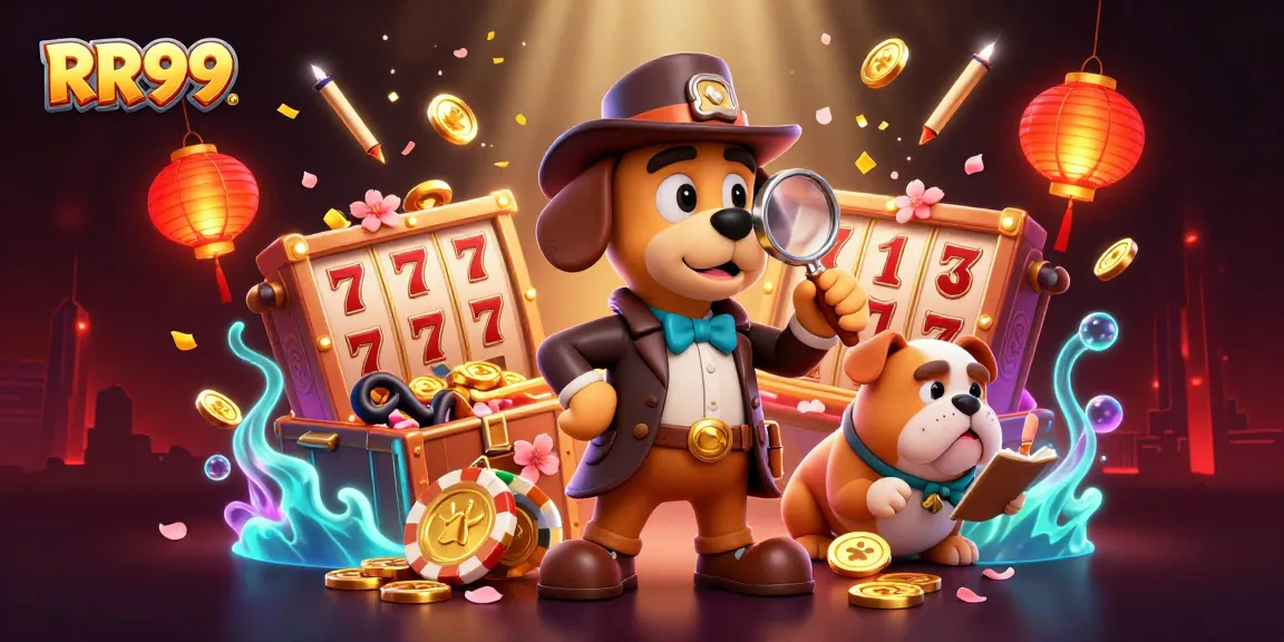 RR99 offers a thrilling online gaming experience, featuring a cartoon detective exploring gold poker chips amid vibrant casino elements.