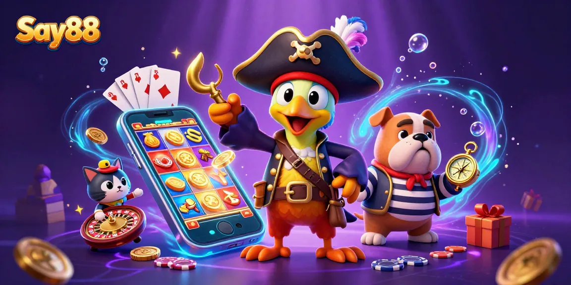 Experience thrilling gaming adventures with Say88 as characters explore vibrant casino elements.