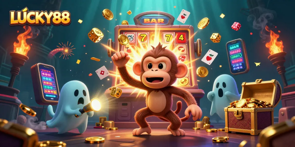 LUCKY88 showcases the playful spirit of gambling with vibrant casino elements in a thrilling illustration.